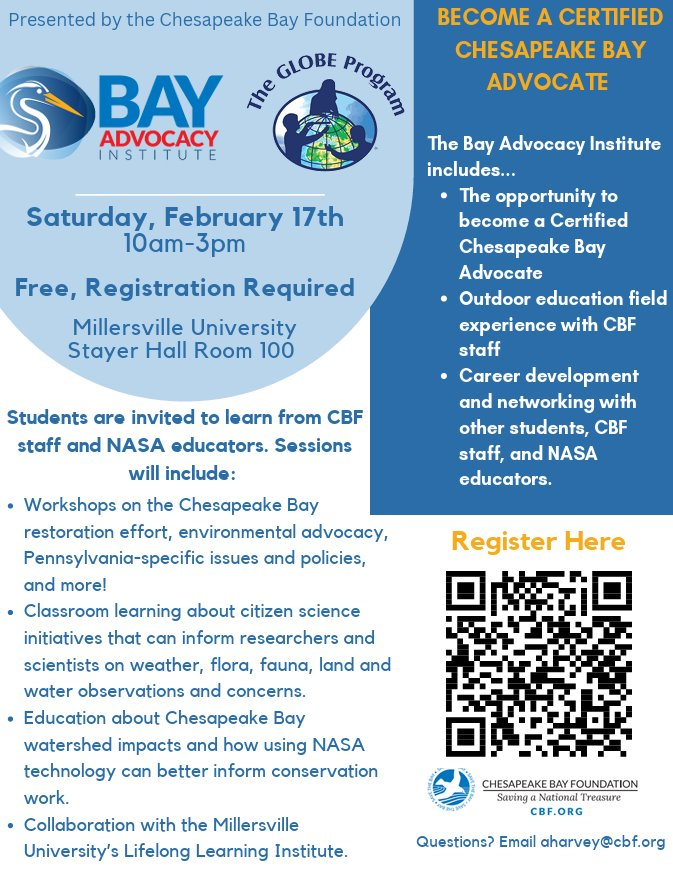 WetiMu's tweet photo. Calling all students! Dive into environmental advocacy and become a certified Chesapeake Bay advocate at our upcoming event!  Join workshops, collaborate with NASA educators, and boost your career in conservation. Don't miss this chance to make a difference!  #ChesapeakeAdvocate https://t.co/vXIzM4cKre