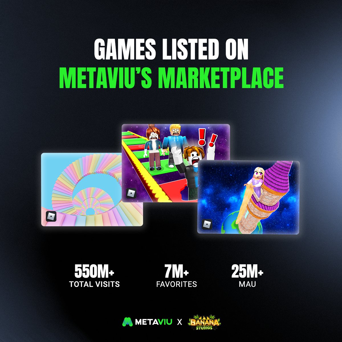 New Experiences alert! 🚨

Fresh from <a href="/Roblox/">Roblox</a> , our Marketplace is buzzing with new games thanks to our partnership with <a href="/banana_rbx/">Banana Studios</a> .
Dive into the most loved titles like Chill Obby and 1% Win Obby, boasting 230M+ visits and a million monthly players! 🌟