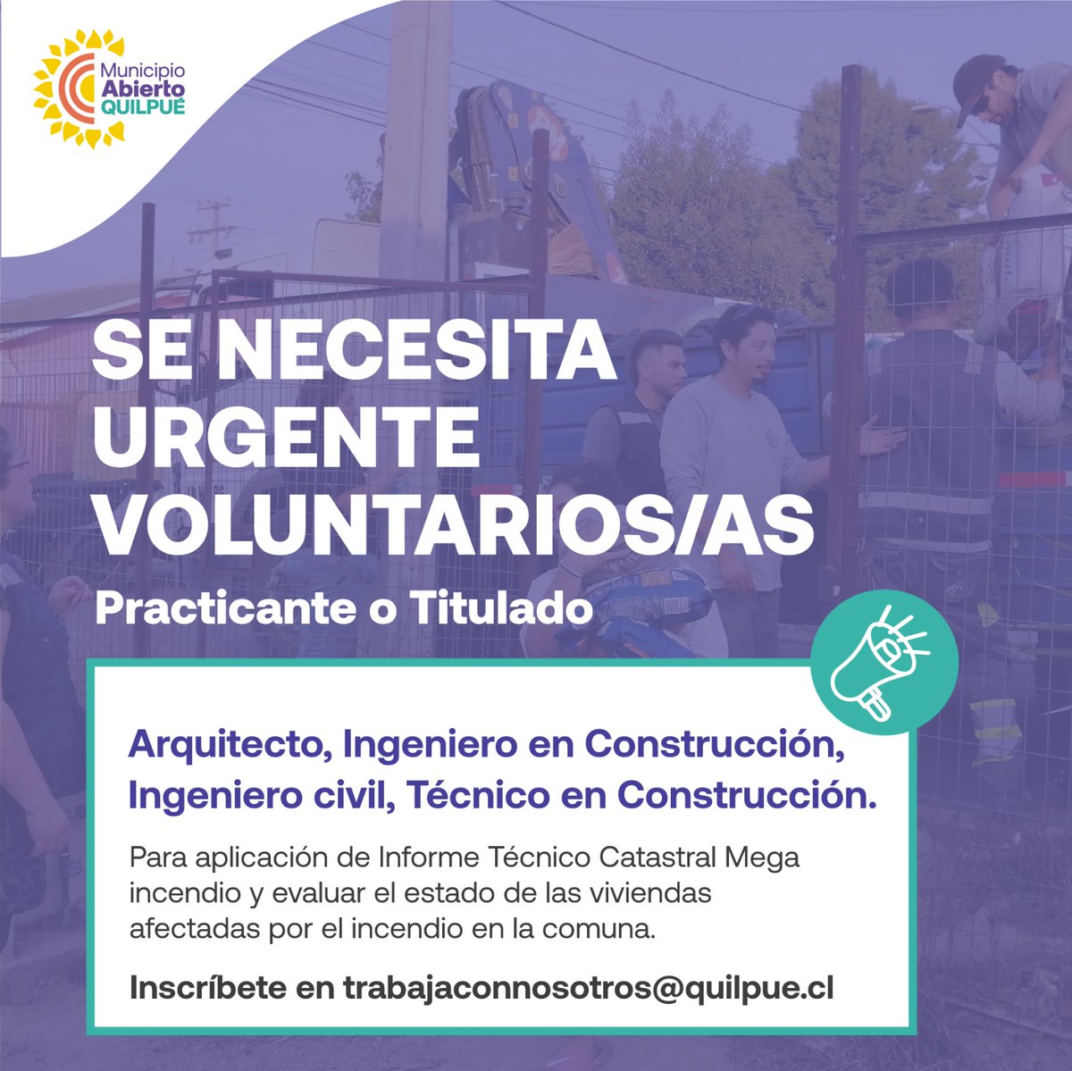 Se necesita:

Practicante o titulado: arquitectura, ingeniería en construcción, ingeniero civil o técnico en construcción

Para aplicación de Informe Técnico Catastral Mega incendio y evaluar el estado de las viviendas afectadas por el incendio

trabajaconnosotros@quilpue.cl