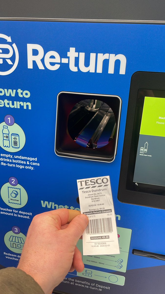 ShaneSaint's tweet photo. Is there any reason - given the technology available today - that a person cannot just tap their card/phone and be credited the money instantly when returning a bottle or can? Many people don’t want coupons, so it may prove to be a turn-off.

Path of least resistance is key, @returnireland
