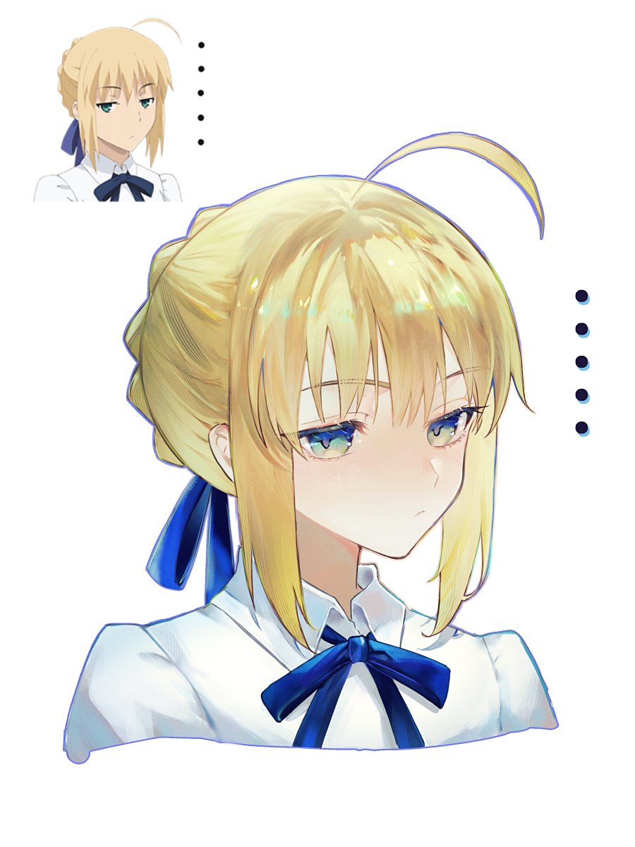 artoria pendragon (fate) ,saber (fate) 1girl ahoge blonde hair ribbon blue ribbon braid white background  illustration images