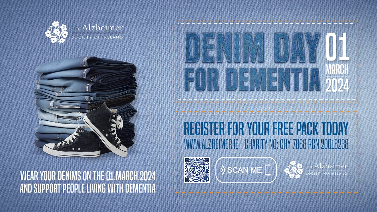 This year #DenimDay4Dementia will fall on Friday the 1st of March. We are asking people to don their denims for people living with dementia and their families. 👖💜 Sign up today at alzheimer.ie