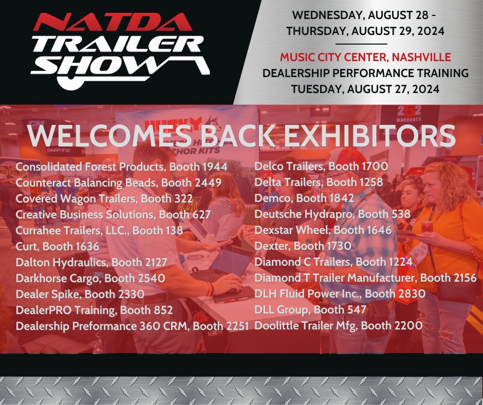 NATDA4Trailers's tweet photo. #NATDA welcomes back exhibitors returning to the highly anticipated 2024 #TrailerShow! Discover the exciting lineup now! @CounteractNews @CURTMFG @DaltonHydraulic @DealerPRO @demcoag @dexter_together @DCtrailers @DLLgroup https://t.co/EeLcw4qkoW