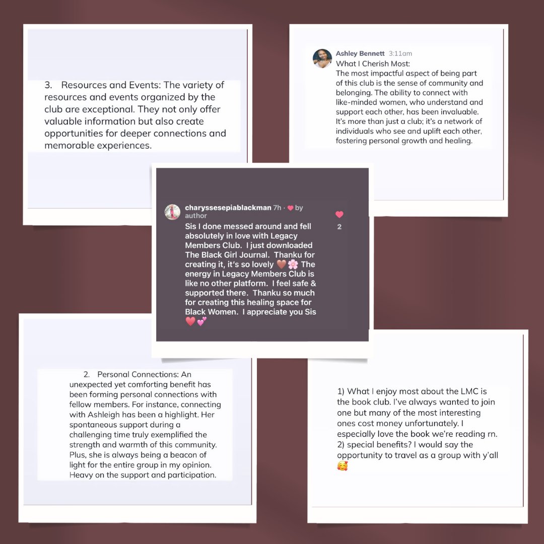 What our members are saying about the Legacy Members Club! 

#protectblackwomen #BlackWomenMembership #blackwomenmatter #supportblackwomen #BlackSocialWorker #blackgirls #blackwomen #blackwomentherapists #mentalhealth #mentalhealthiswealth