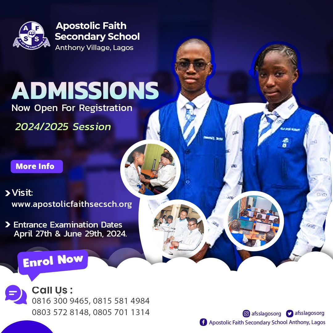 We are pleased to announce that Apostolic Faith Secondary School, Anthony, Lagos is now accepting applications for admission to the 2024/2025 academic session

For more information, please visit  apostolicfaithsec.sch.org. You can also contact us by phone at 0813009465