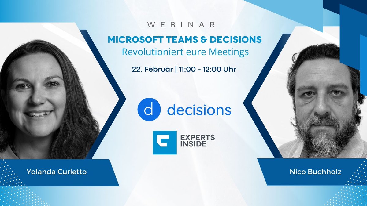 🚀 #Webinar-Highlight: Effiziente #MicrosoftTeams Meetings mit Decisions!
Kennt ihr das auch? Meetings, die chaotisch sind, ohne klare Struktur und am Ende nichts wirklich Greifbares dabei herauskommt? Wir haben die Lösung für euch!

📅 Webinar: 22. Februar | 11:00 - 12:00 Uhr
