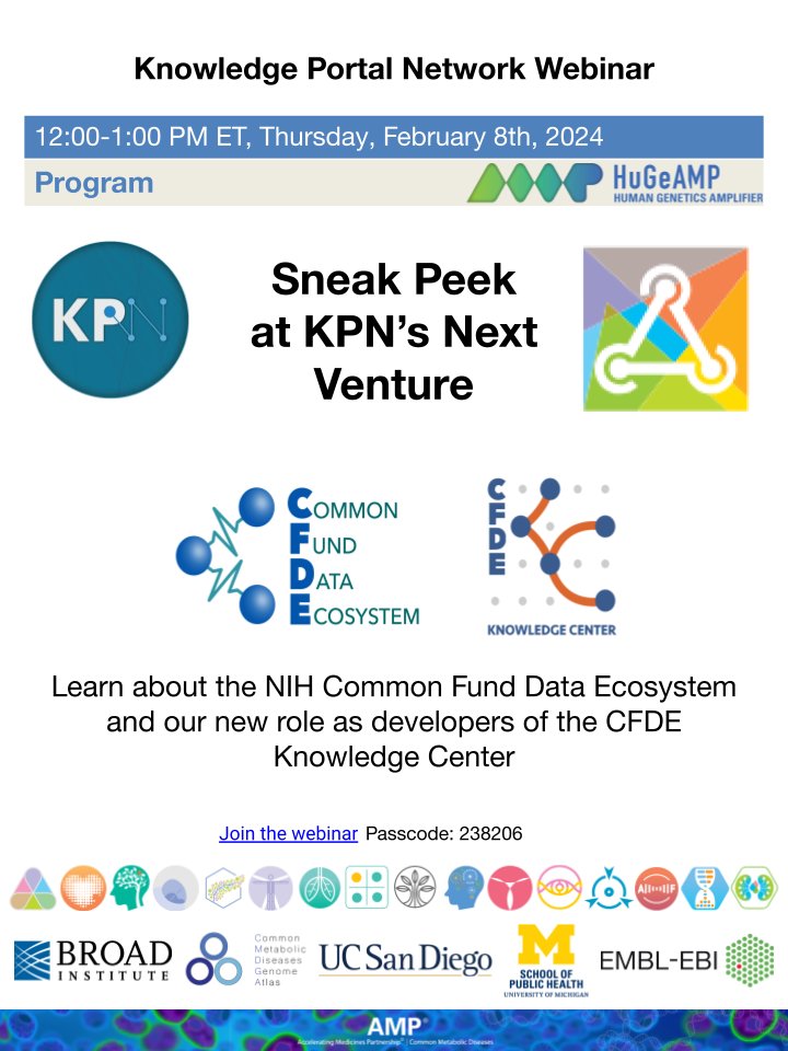 KP Network (@kportalnetwork) on Twitter photo Join our webinar on Thursday Feb. 8 to learn about the NIH Common Fund Data Ecosystem and the Knowledge Portal team's new role within it! Details here: hugeamp.org/news.html?nid=⦠<a href="/CfdeNih/">Common Fund Data Ecosystem</a> Join our webinar on Thursday Feb. 8 to learn about the NIH Common Fund Data Ecosystem and the Knowledge Portal team's new role within it! Details here: hugeamp.org/news.html?nid=⦠<a href="/CfdeNih/">Common Fund Data Ecosystem</a>