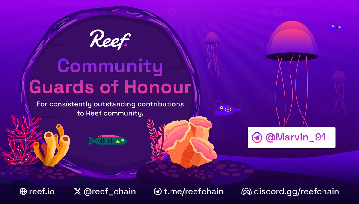 Reef_Chain's tweet image. 💜 Announcing the next #Reef Community Guards of Honor!

Congratulations to Marvin_91 (Telegram Username) on winning an exclusive reef.moda coupon of $75 CAD with free shipping.

🐠 We appreciate your remarkable contribution to strengthening the Reef Community.