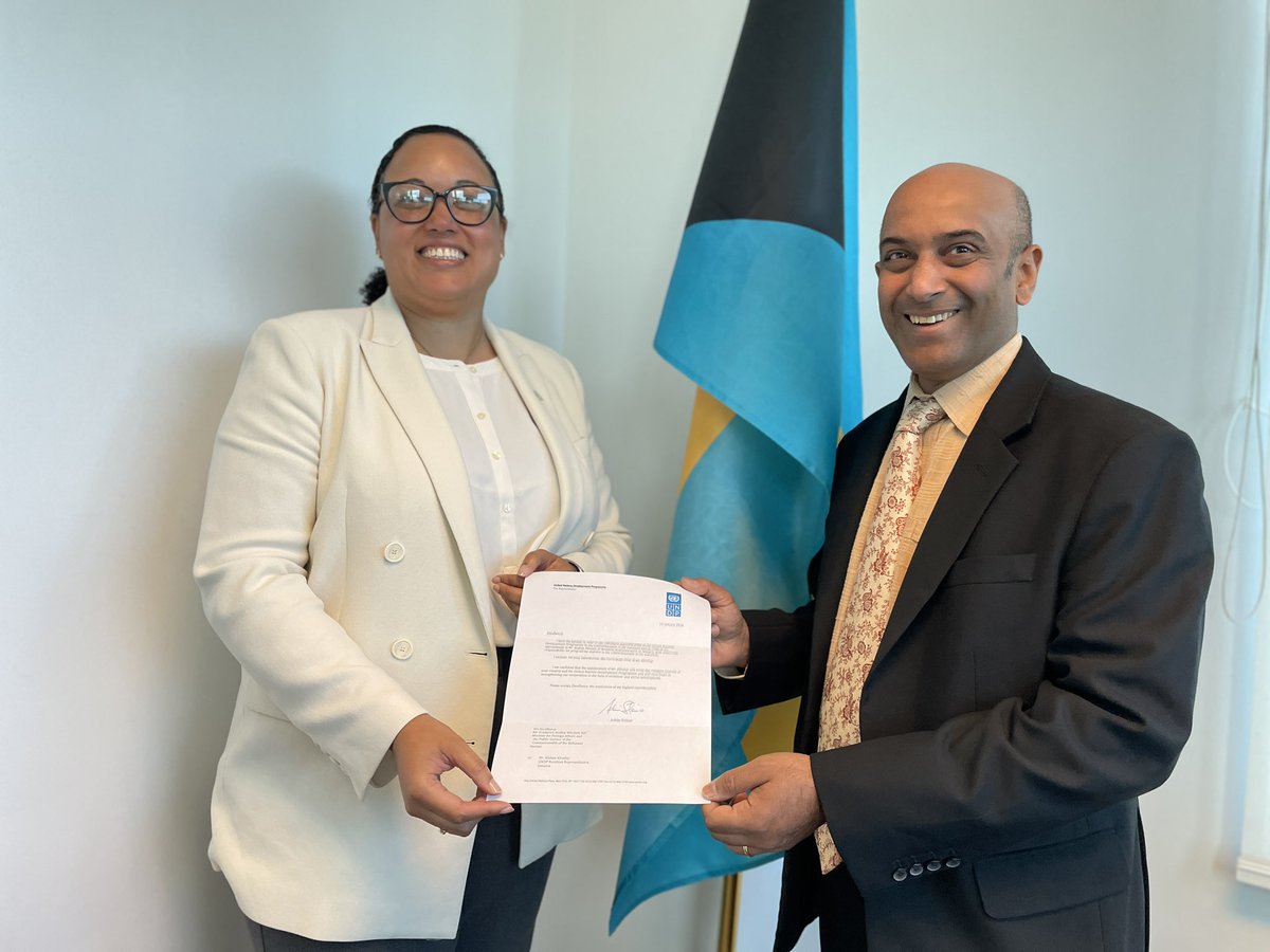 UNDPJamaica's tweet photo. UNDP Res Rep @KishanKhoday kicked off the 1st leg of a 2-nation tour today in 🇧🇸 by presenting his credentials to @MOFABahamas Director General @AliaJerusa. During wide ranging discussions he pledged continuing support for BAH’ key development priorities. #PartnerWithUNDP https://t.co/0kHmtvd2hk