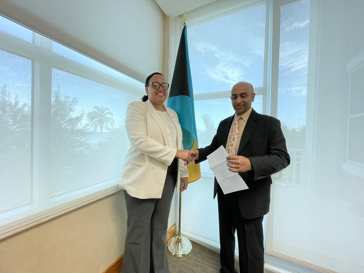 UNDPJamaica's tweet photo. UNDP Res Rep @KishanKhoday kicked off the 1st leg of a 2-nation tour today in 🇧🇸 by presenting his credentials to @MOFABahamas Director General @AliaJerusa. During wide ranging discussions he pledged continuing support for BAH’ key development priorities. #PartnerWithUNDP https://t.co/0kHmtvd2hk