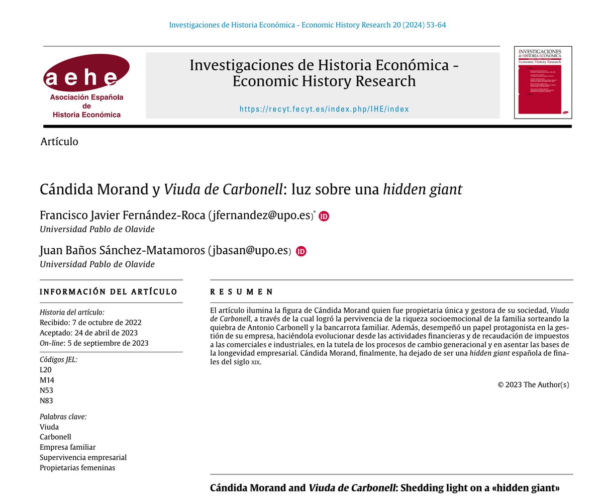 Recién publicado en @ihe_ehr nuestro artículo sobre Cándida Morand y la Casa Carbonell 
doi.org/10.33231/j.ihe…
Junto a Juan Baños ambos de @bibupo