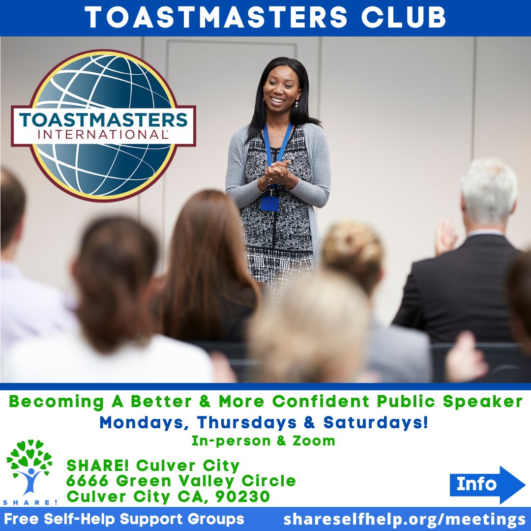 shareselfhelp's tweet photo. In-person &amp; Zoom Toastmasters meetings on Mondays, Thursdays &amp; Saturday! Everyone is Welcome.

SHARE! 6666 Green Valley Circle, Culver City, CA 90230
https://t.co/iJauGFUWu5

#SHAREselfhelp #toastmasters #mentalhealth #publicspeaking #learnpublicspeaking #community #newskill https://t.co/L2B9ay6R9W