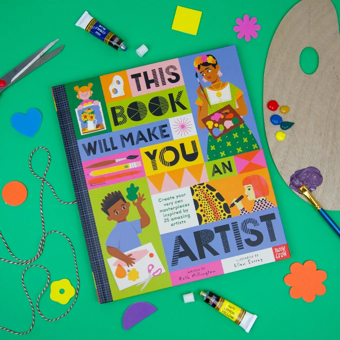 Flat lay of the book with a colourful graphic design with title 'This Book Will Make You An Artist'