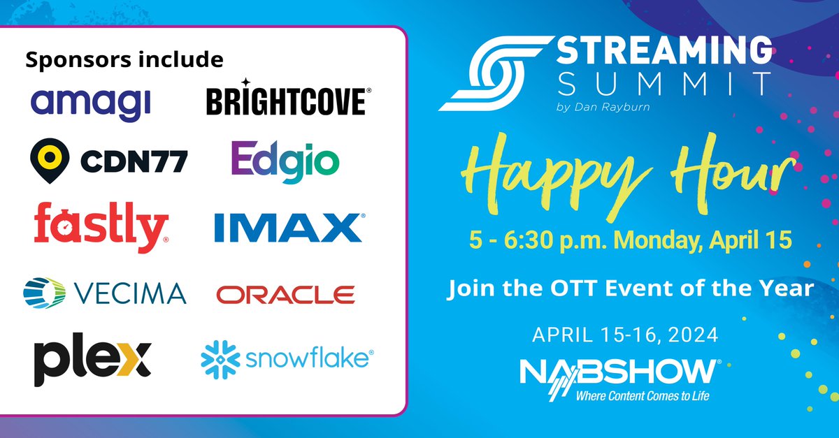 If you’re headed to the @NABShow in April, save the date for the Streaming Summit Happy Hour on Monday, April 15th, open to all attendees of the NAB Show. Thanks to all of our great sponsors! 🍺🍺 nabstreamingsummit.com - #streamingsummit #streamingmedia #nabshow2024