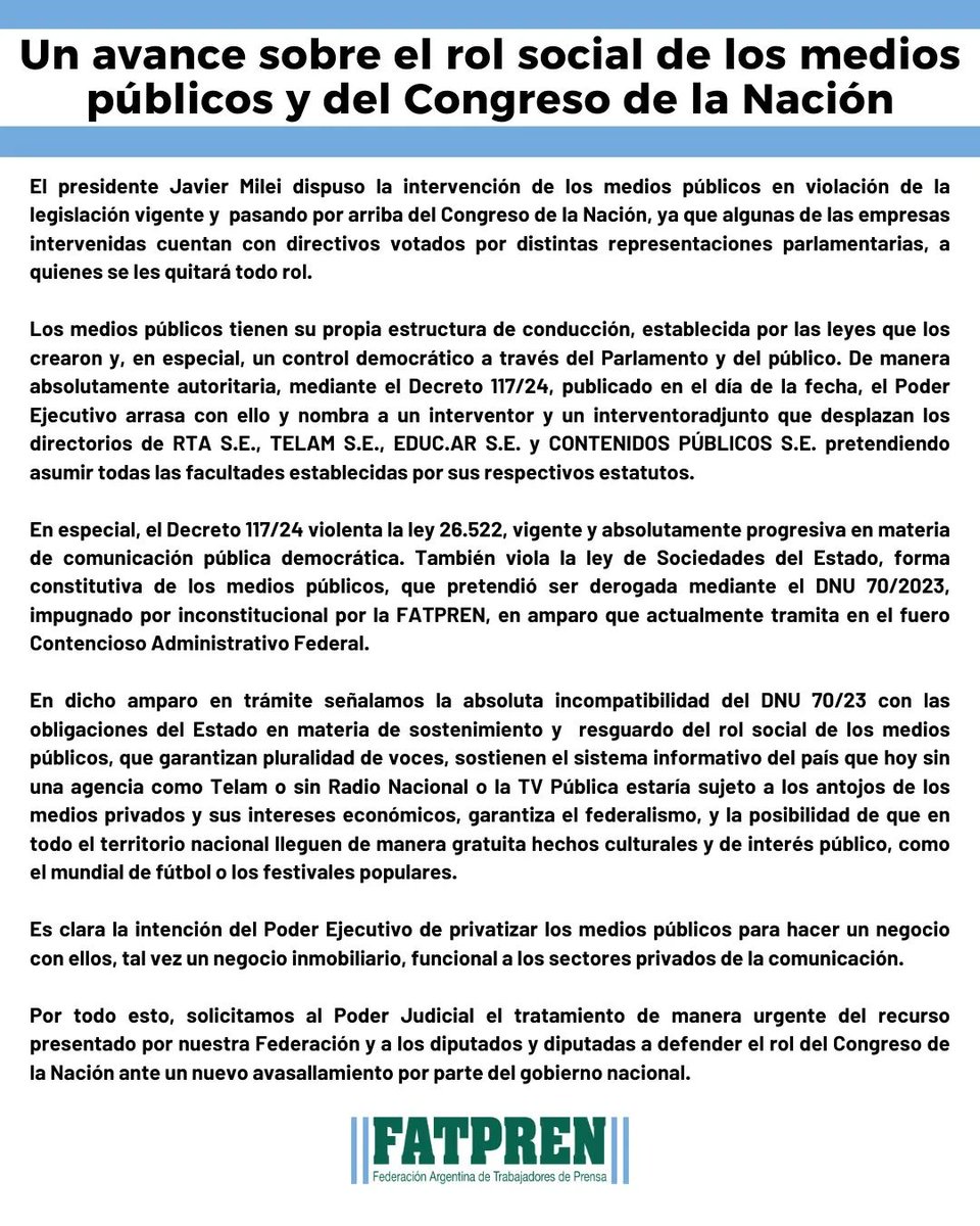Compartimos y nos sumamos al comunicado de <a href="/PrensaFATPREN/">FATPREN</a> frente a la intervención de los medios públicos resuelta por el presidente Javier Milei:

Una decisión autoritaria que atenta contra el rol social de los medios públicos y contra el Congreso de la Nación