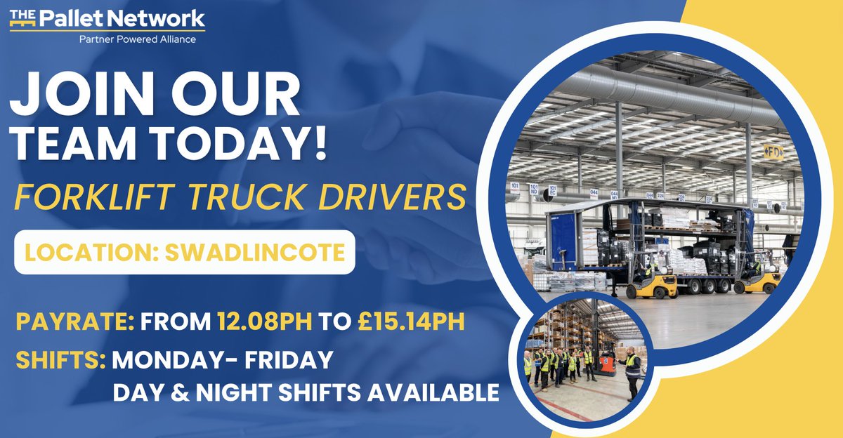THE Pallet Network (@ourtpn) on Twitter photo Looking for a new career? TPN is now hiring Forklift drivers at our new hub in Swadlincote, with on going support available from a great team this could be the role for you!
For more info or to apply, please contact: jobs@tpnmail.co.uk
#tpn #tpnjobs #forkliftdriver #nowhiring Looking for a new career? TPN is now hiring Forklift drivers at our new hub in Swadlincote, with on going support available from a great team this could be the role for you!
For more info or to apply, please contact: jobs@tpnmail.co.uk
#tpn #tpnjobs #forkliftdriver #nowhiring