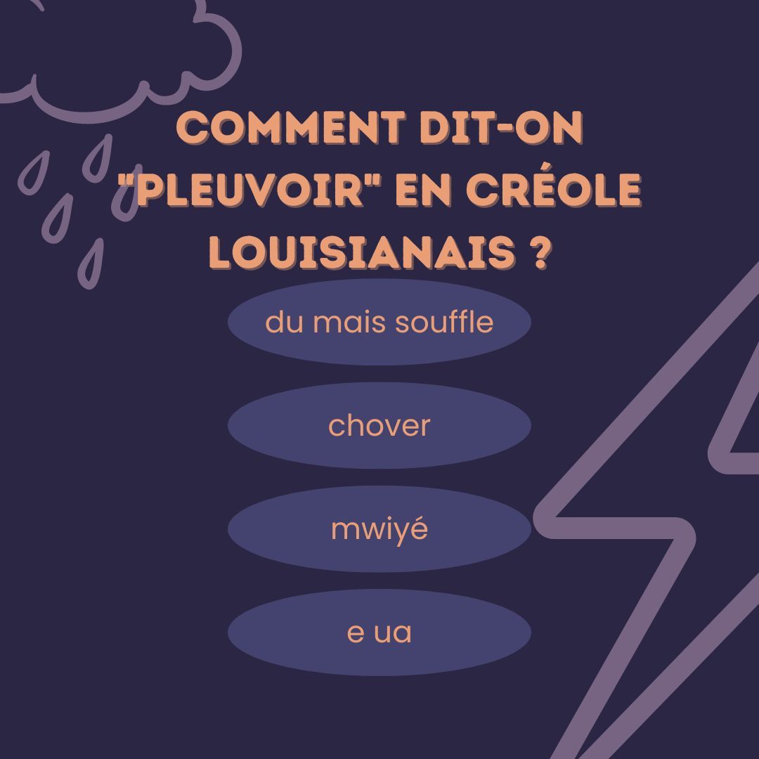 In Louisiana, we start seeing showers well before spring! How would you say "to rain" in Louisiana Creole? 
.
.
.
En Louisiane, les averses commencent bien avant le printemps ! Comment dit-on "pleuvoir" en créole louisianais ?