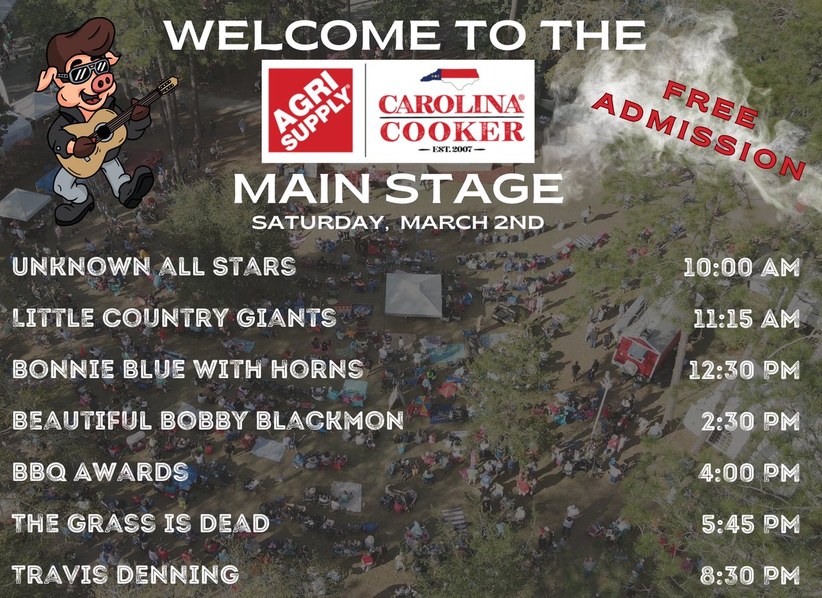 March 2nd is coming quickly and we 25 days away from being with you all at Rhythm &amp; Ribs! Check out the awesome lineup that we have for you on the Agri Supply &amp; Carolina Cooker MAIN STAGE! Grab your chairs, hop and shop over 100 vendors &amp; #partyunderthepines with us!