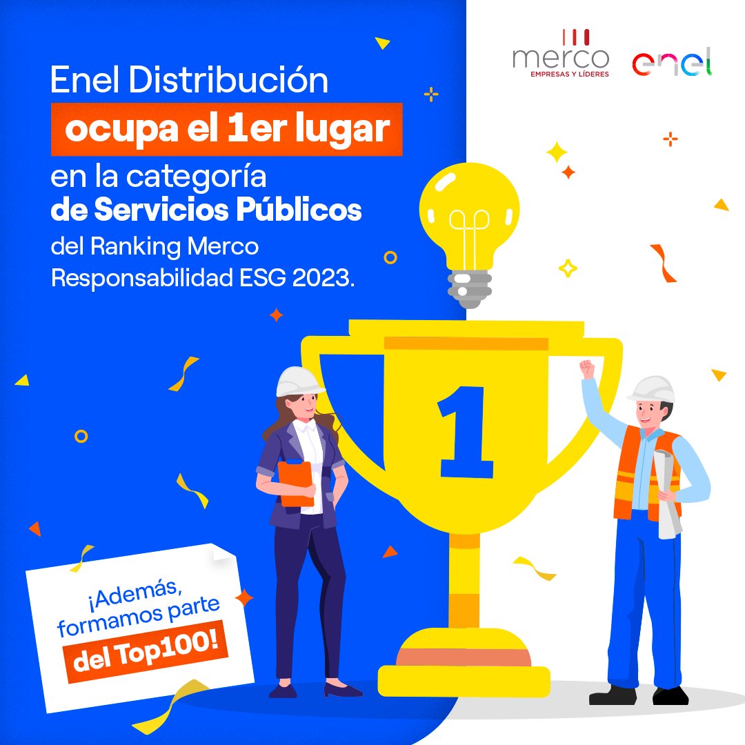 ¡Somos la #1 en Servicios Públicos según el Ranking Merco Responsabilidad ESG 2023! En #EnelDistribución, mantenemos a nuestros clientes en el centro de la estrategia y ¡lo logramos! Estamos orgullosos de destacar por la calidad de nuestro servicio. #SomosBuenaEnergía