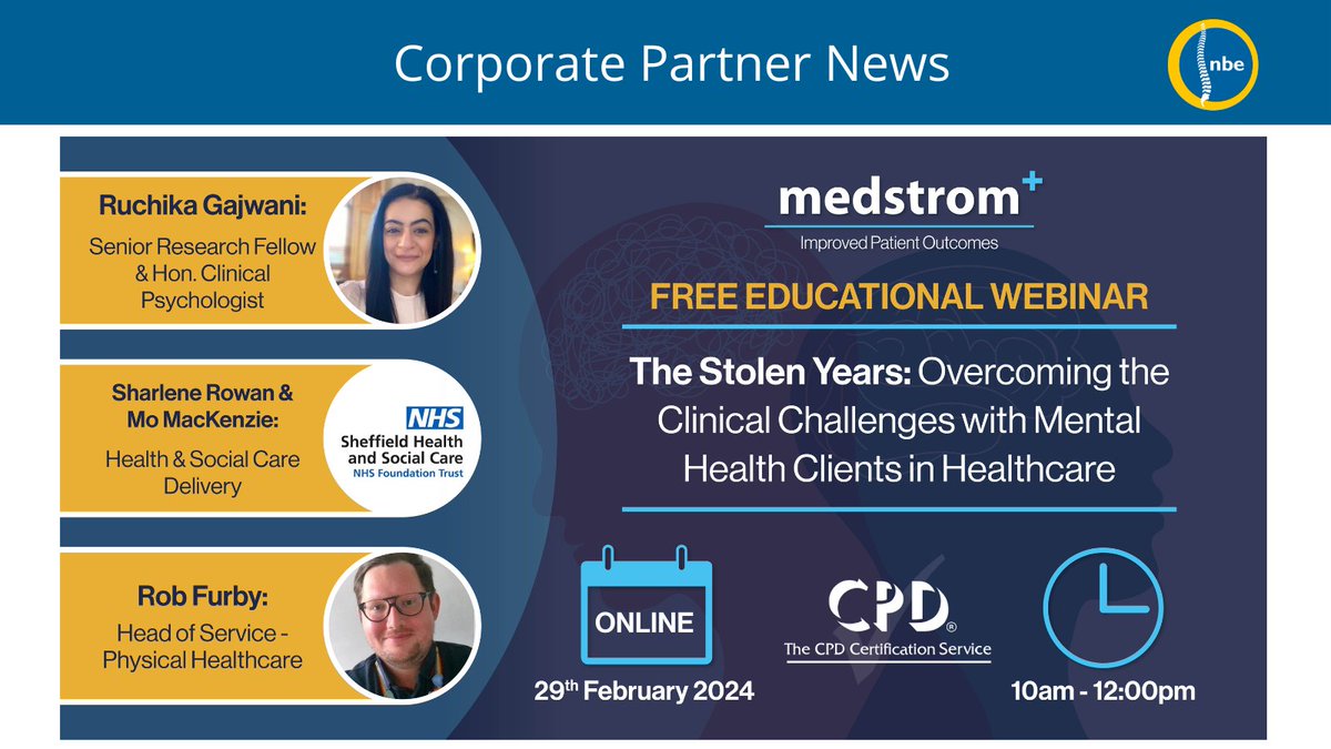 NBE Platinum Corporate Partner @MedstromUK host a #CPD #webinar: - Overcoming clinical challenges with mental health clients in healthcare - 3 clinical speakers sharing expertise & insight to #improveoutcomes Register FREE: bit.ly/47ENYBQ #NBECorporatePartner