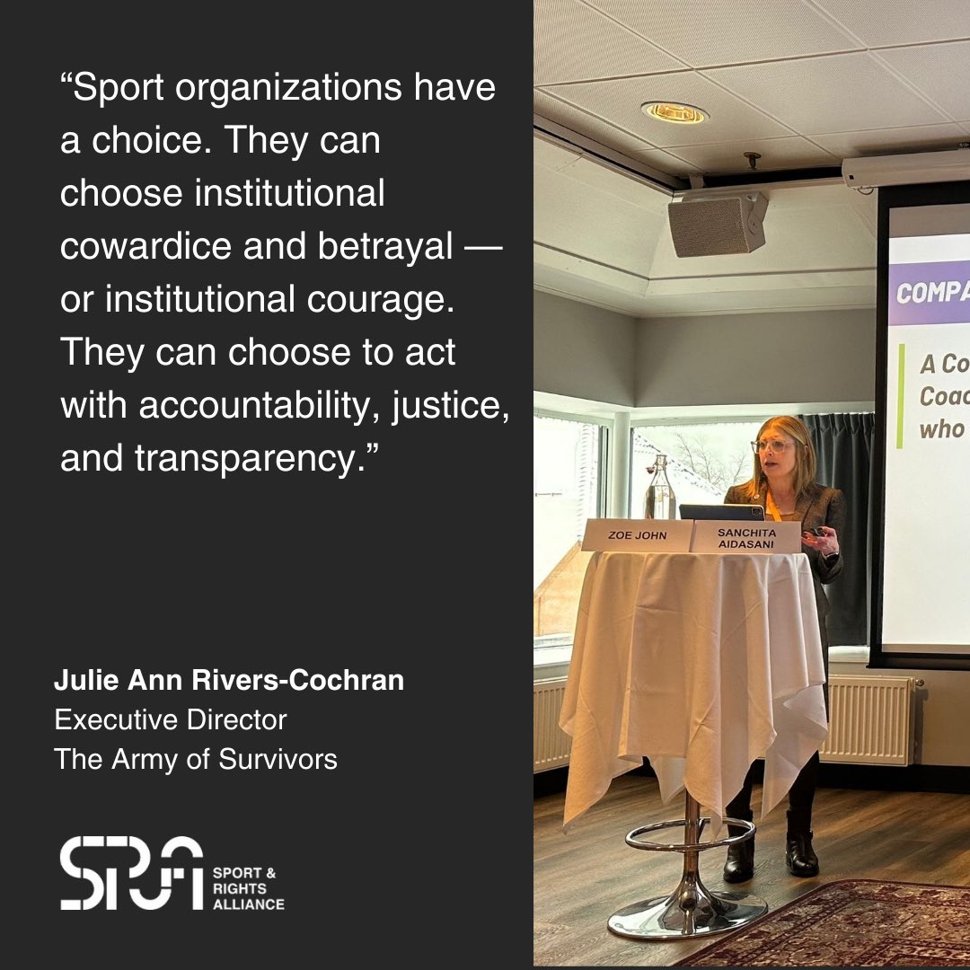 SRA partner Julie Ann Rivers-Cochran of @survivorsarmy discusses how to prevent abuse in sport by championing institutional courage & the voices of survivors. #PlayTheGame #ptg2024 @playthegame_org