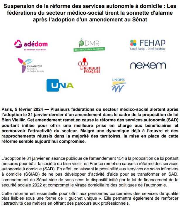 FedeAdedom's tweet photo. 📢 Communiqué de Presse

Suspension de la réforme des services autonomie à domicile.
@ADMRun @FEHAP_actu @FNAAFP_CSF @mutualite_fr @Nexem_actu @UNAdomicile @Uniopss 

Lire le communiqué:
➡️https://t.co/dcvMYF4PsX https://t.co/EPsJ4OFugz