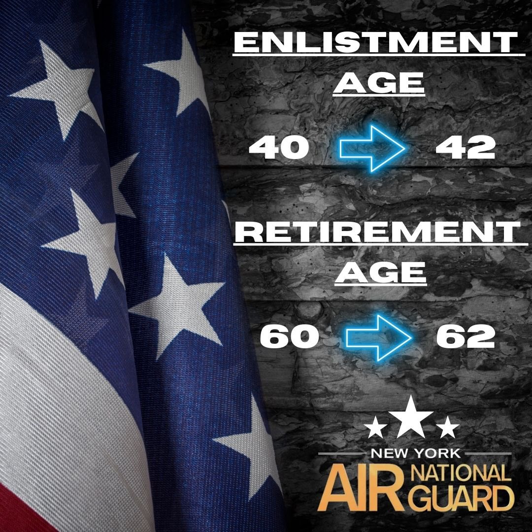 The Air Force has raised the enlistment age from 40 to 42 and extended the retirement age from 60 to 62! Westhampton Beach: 631-461-1684 Newburgh: 845-554-8512 Scotia: 518-709-4468 Syracuse: 215-740-9871 Niagara Falls: 716-812-0064 JFHQ-NY: 845-245-5162 JFHQ-NY Alt: 518-852-8112
