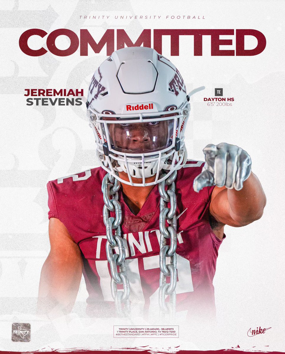 Jeremiah Stevens (@stevens2706) on Twitter photo All glory to God. Thank you to everyone that has been in my corner and rooting for me. I am blessed and proud to announce my commitment to <a href="/TUFootballTX/">Trinity University Football</a>.
<a href="/DaytonBroncosFB/">Dayton Bronco Football</a> <a href="/JerhemeUrban83/">Jerheme Urban</a> <a href="/CoachGezella/">Coach Gezella</a> <a href="/CoachCamMckeon/">Coach McKeon</a> All glory to God. Thank you to everyone that has been in my corner and rooting for me. I am blessed and proud to announce my commitment to <a href="/TUFootballTX/">Trinity University Football</a>.
<a href="/DaytonBroncosFB/">Dayton Bronco Football</a> <a href="/JerhemeUrban83/">Jerheme Urban</a> <a href="/CoachGezella/">Coach Gezella</a> <a href="/CoachCamMckeon/">Coach McKeon</a>