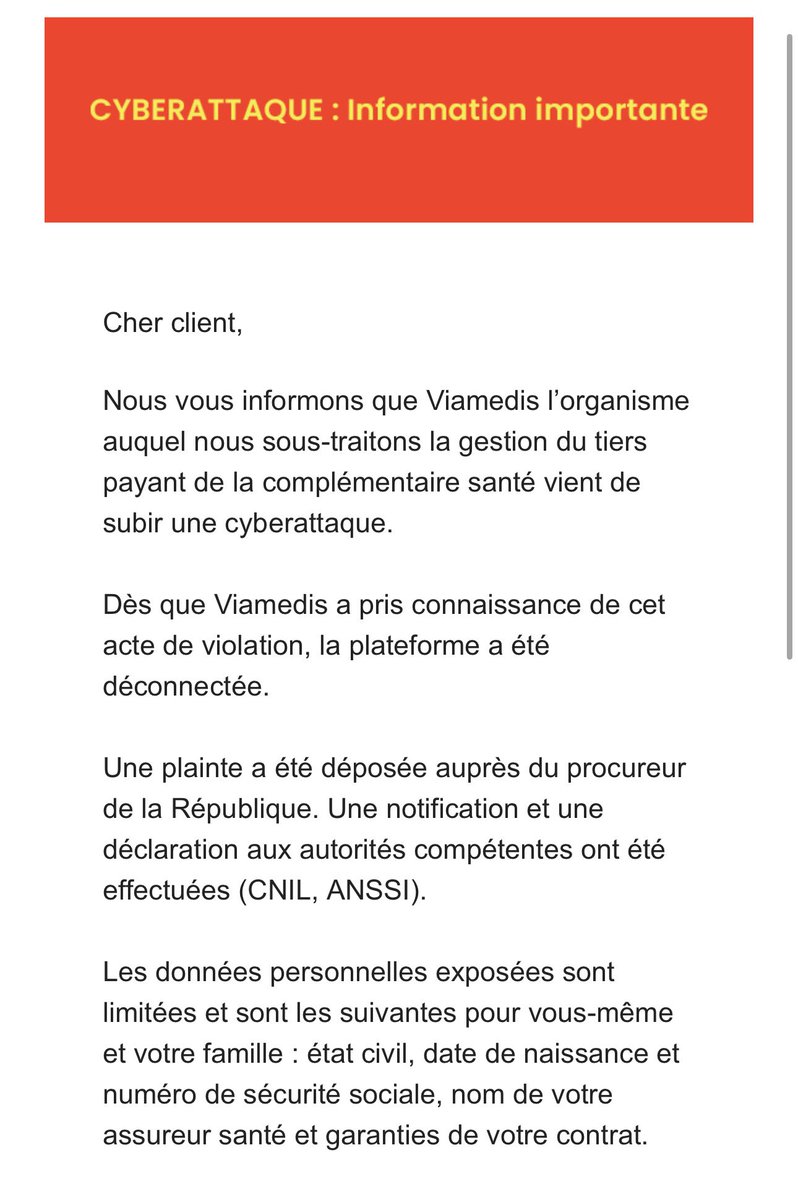 _SaxX_'s tweet image. 🚨🔴CYBERALERT🔴 | 20M de données de 84 mutuelles en France 🇫🇷 dans la nature

👉 Viamedis, sous-traitant de Malakoff Humanis, a été la cible d'une cyberattaque, exposant les données de 20 millions d'assurés.

Pour rappel, Viamedis gère le tiers-payant pour de nombreuses…
