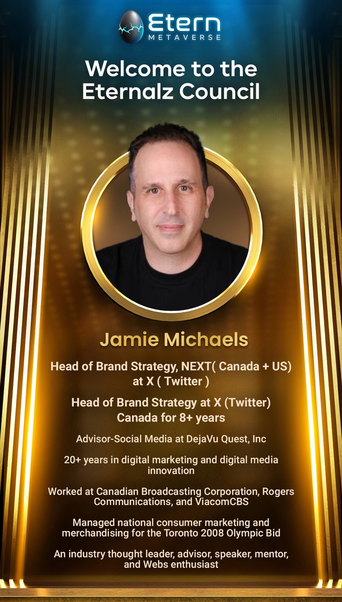 🌟Thrilling Update! 
Embrace the fantastic news as we welcome <a href="/jamiemichaels/">jamie michaels</a> to the Eternalz Council! 🌐

✨Head of Brand Strategy, NEXT( Canada + US) at <a href="/X/">X</a>  ( Twitter )                                                                   

🚀Head of Brand Strategy at <a href="/X/">X</a> (Twitter)