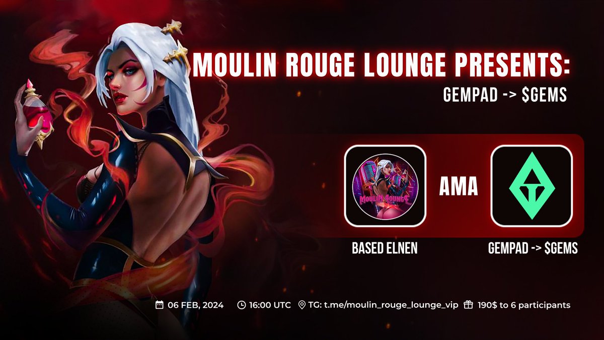 🌹Moulin Rouge Lounge VIP &amp; GEMPAD🌹
🎙GIVEAWAY (190 USD) &amp; AMA🎙

🔹TUESDAY 6.2. 16:00 UTC

💵PRIZES 190 USD💵
2x 45 USD
4x 25 USD

🧾RULES👇
1️⃣ LIKE &amp; RETWEET!
2️⃣ TAG 2 FRIENDS!
3️⃣ REACT TO POST👉t.me/moulin_rouge_l…

#AirdropCrypto #CryptoGiveaways #Launchpad #AirdropAlert