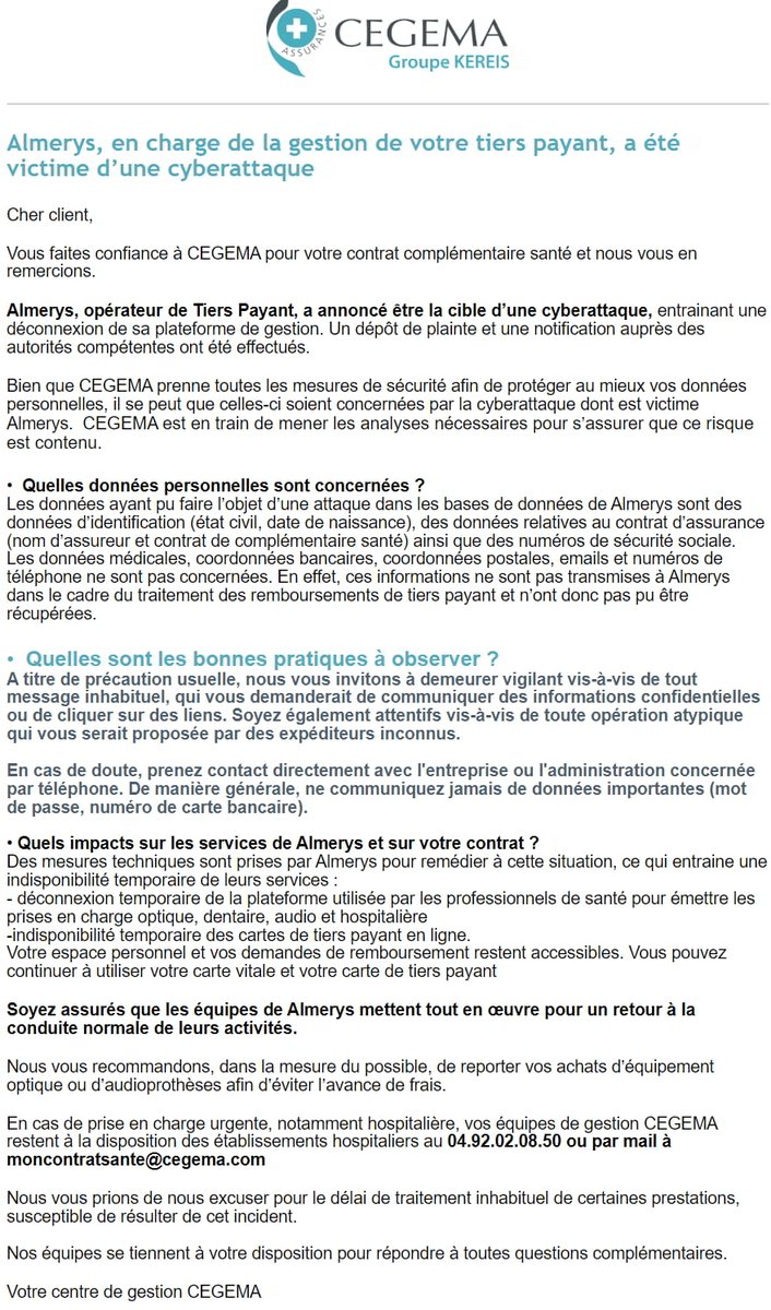 _SaxX_'s tweet image. 🚨🔴CYBERALERT🔴 | 20M de données de 84 mutuelles en France 🇫🇷 dans la nature

👉 Viamedis, sous-traitant de Malakoff Humanis, a été la cible d'une cyberattaque, exposant les données de 20 millions d'assurés.

Pour rappel, Viamedis gère le tiers-payant pour de nombreuses…