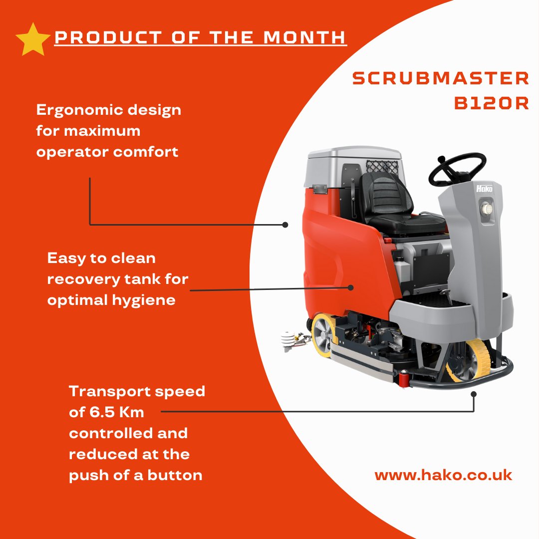 HakoMachines's tweet photo. Introducing February's Product of the Month: 
Hako Scrubmaster B120R, a versatile ride-on scrubber drier, the compact build allows it to navigate &amp; clean almost any area with impressive results. 
For info or a demo: 
T: 01788 825600 E: enquiries@hako.co.uk https://t.co/ZDEF1MkZVA https://t.co/lQXOhIx0nP