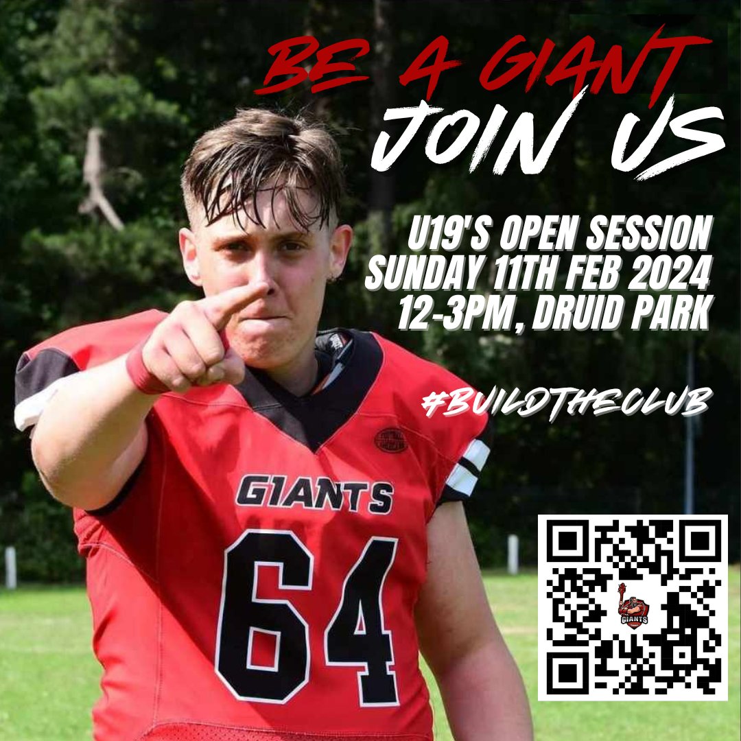 theneaaf's tweet photo. This Sunday the u19 Giants officially roll into pre-season with an Open Session at Druid Park for anyone between the ages of 16-19. 
To find out more, join our Recruitment Group by scanning the QR code or head to: https://t.co/LSXK6iuuHJ https://t.co/4z6IzDUWke