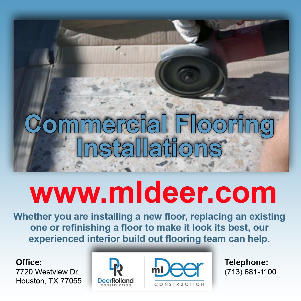 MLDeerTx's tweet photo. Whatever your commercial flooring needs, we will recommend and install a commercial flooring system that is affordable, durable and attractive. From subfloor preparation to final installation &amp; clean-up, we handle it all.  Click here: https://t.co/tZ0X4Z4ZqO or call to learn more https://t.co/xMSnJ9oo2W