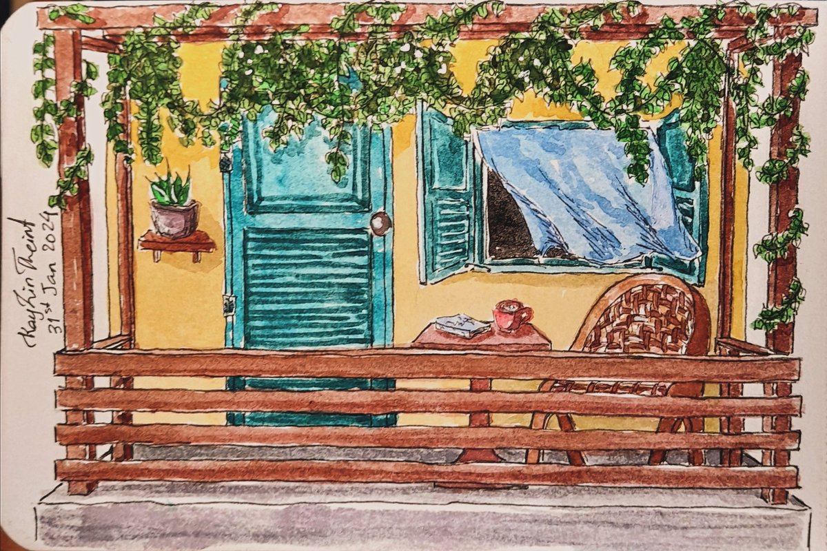 Verandas and balconies series 🪺🍃
#watercolor 
#Watercolour 
#watercolorpainting 
#watercolorart
#watercolorsketch
#inking
#urbansketch
#lineandwash
#verandasandbalconies