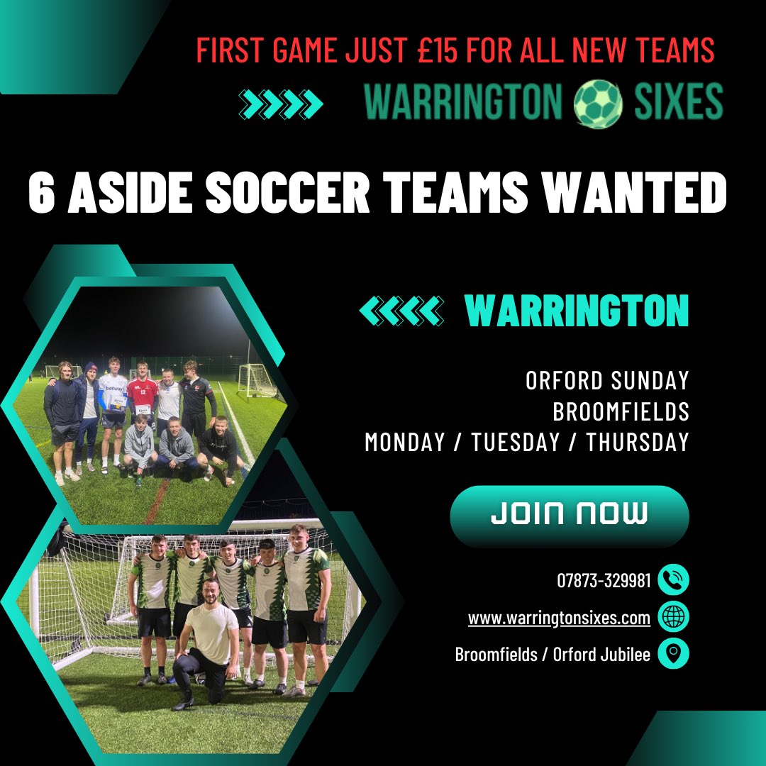 ⚽️ 𝐅𝐈𝐑𝐒𝐓 𝐆𝐀𝐌𝐄 𝐉𝐔𝐒𝐓 £𝟏𝟓 - 6 Aside soccer teams wanted 𝐖𝐚𝐫𝐫𝐢𝐧𝐠𝐭𝐨𝐧⚽️ New you for 2️⃣0️⃣2️⃣4️⃣‼️

➡️ warringtonsixes.com
☎️ 0787332981

#warringtonsixes #football #warrington #6aside  #soccer