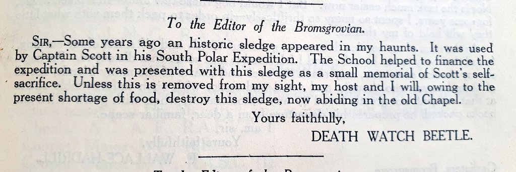 NThorpeBS's tweet image. Preparing for year 3 @BromsPrep students visit to the #HeritageCentre to see our #Antarctic #sledge Beautifulconservation by @PietaGreaves of @drakonheritage means we don't need to heed the threat in the letter to The Bromsgrovian, 1945 from 'Death Watch Beetle'! #SchoolArchives