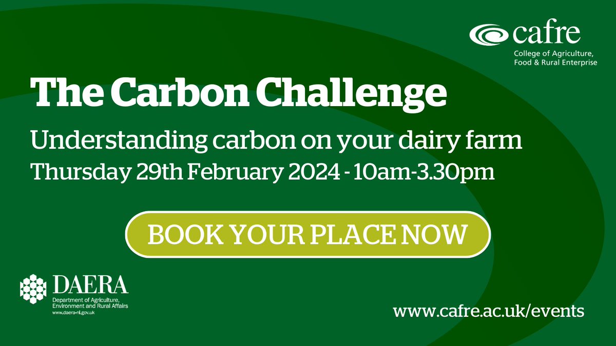 CAFRE are hosting 'The Carbon Challenge: understanding carbon on your dairy farm' at Greenmount Campus on Thur 29 Feb. This conference will assist farmers to adapt their systems & adopt new technologies to contribute towards NI’s 2050 Net Zero target. cafre.ac.uk/events/the-car…