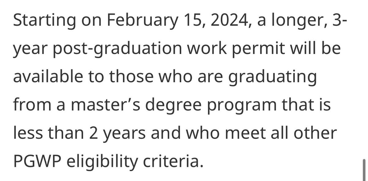 TundeTASH's tweet photo. BREAKING: From February 15th 2024 international students graduating from Masters program in Canada will now be eligible for a 3 year Post Graduate Work Permit.

A welcome development amidst new policies. https://t.co/SmJPlxiniN