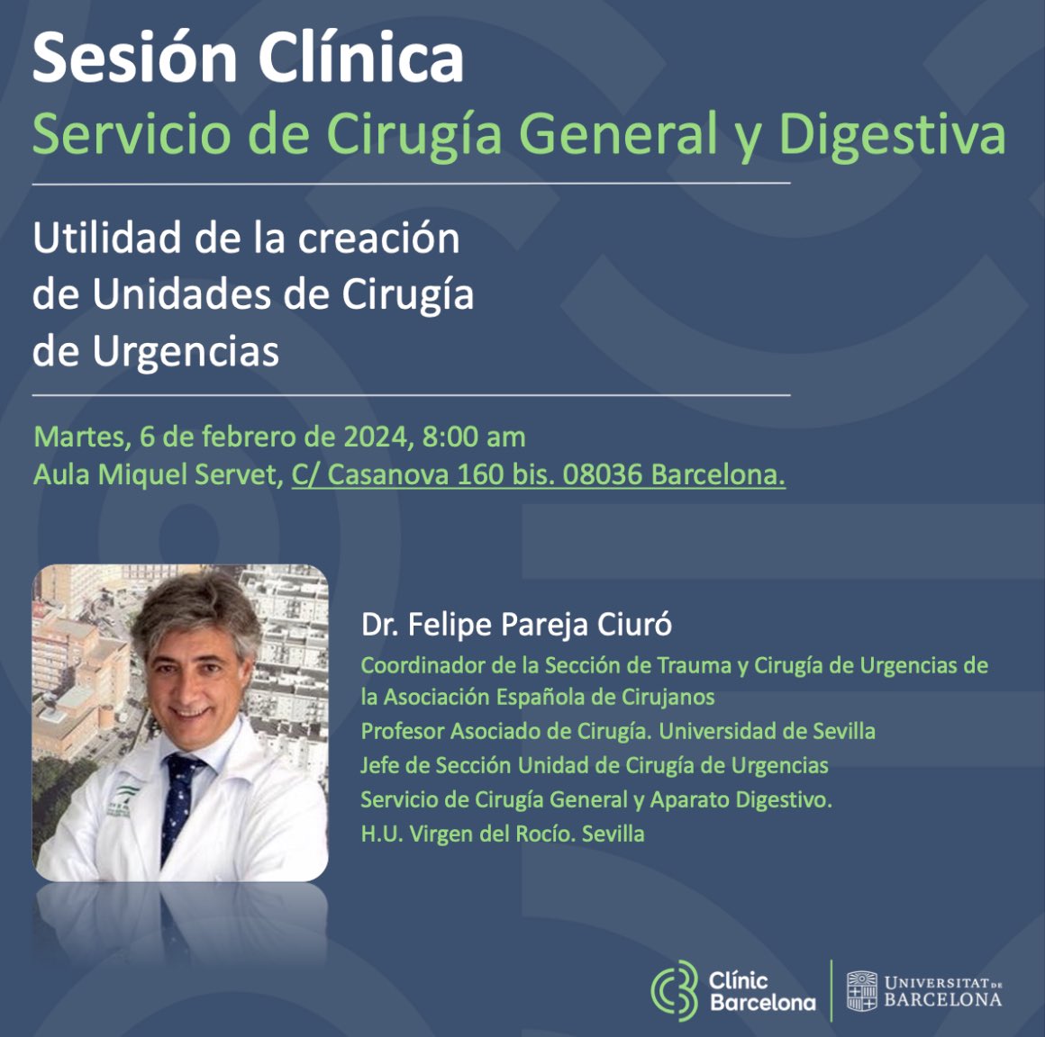 Miguel Pera (@m_pera_roman) on Twitter photo Martes es el día de la Sesión Clínica del Servicio. Deseando escuchar a <a href="/FelipePareja67/">Felipe Pareja 🇪🇸</a> “Utilidad de la creación de las Unidades de Cirugía de Urgencias” Imprescindibles en los modernos servicios de Cirugía. <a href="/hospitalclinic/">Hospital Clínic</a> <a href="/HospitalUVRocio/">HospitalUVRocio</a> <a href="/StcuaeC/">AECUrg</a> <a href="/aecirujanos/">aecirujanos</a> <a href="/SCatCir/">Societat Catalana de Cirurgia</a> Martes es el día de la Sesión Clínica del Servicio. Deseando escuchar a <a href="/FelipePareja67/">Felipe Pareja 🇪🇸</a> “Utilidad de la creación de las Unidades de Cirugía de Urgencias” Imprescindibles en los modernos servicios de Cirugía. <a href="/hospitalclinic/">Hospital Clínic</a> <a href="/HospitalUVRocio/">HospitalUVRocio</a> <a href="/StcuaeC/">AECUrg</a> <a href="/aecirujanos/">aecirujanos</a> <a href="/SCatCir/">Societat Catalana de Cirurgia</a>