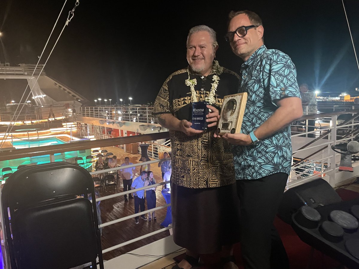 gloriabohan's tweet photo. Two President’s meet in Tahiti and set the course for tourism in French Polynesia. A board ⁦@WindstarCruises⁩ #Star Breeze, Chris Prelog, Windstar’s President exchanges warm greetings to #Moetai Brotherson, President of @FrenchPolynesia. https://t.co/4YGQW7OBLv