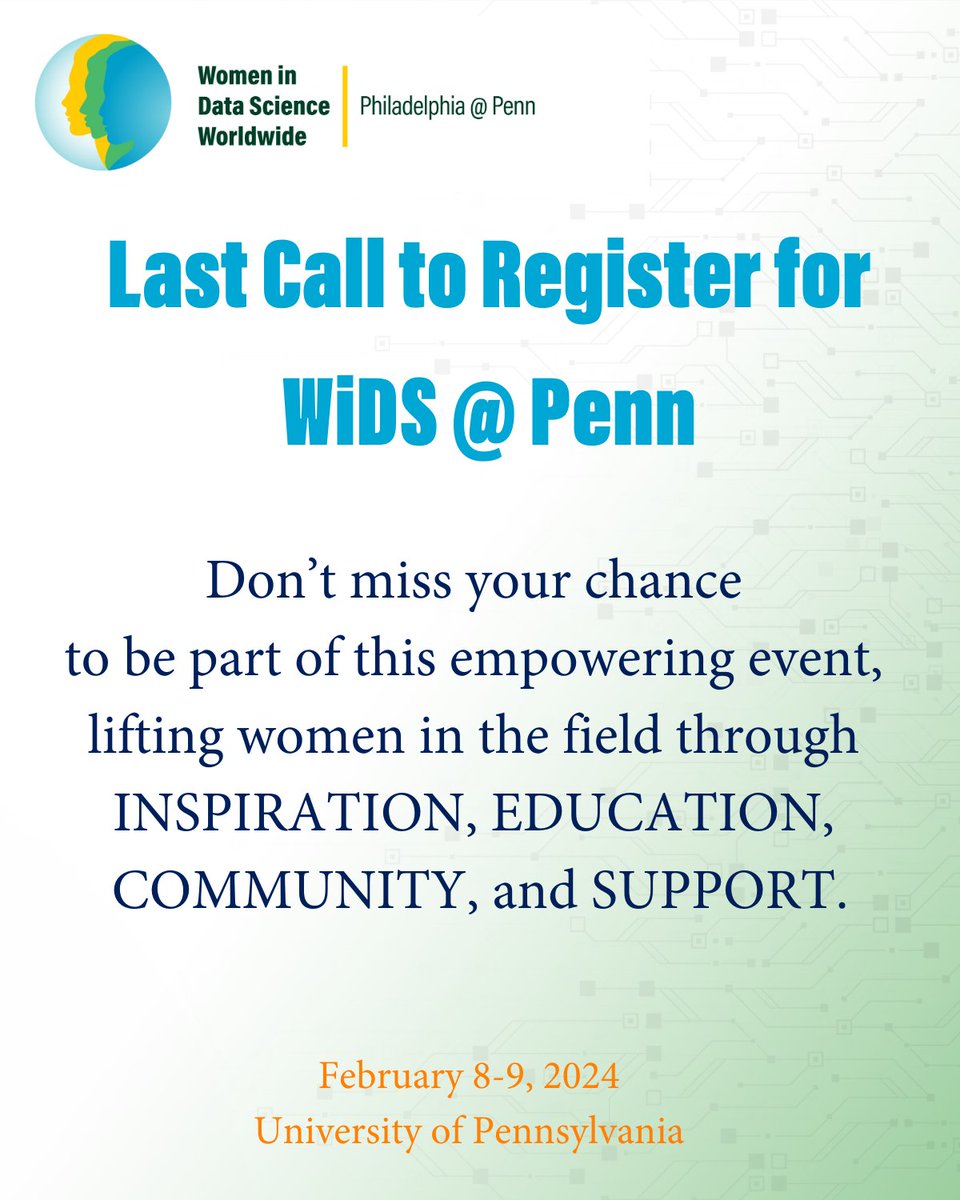 Registration for #WiDS at Penn is still open! Secure your spot now and join us in celebrating the strength, resilience, and brilliance of women in data science. whr.tn/WiDS2024