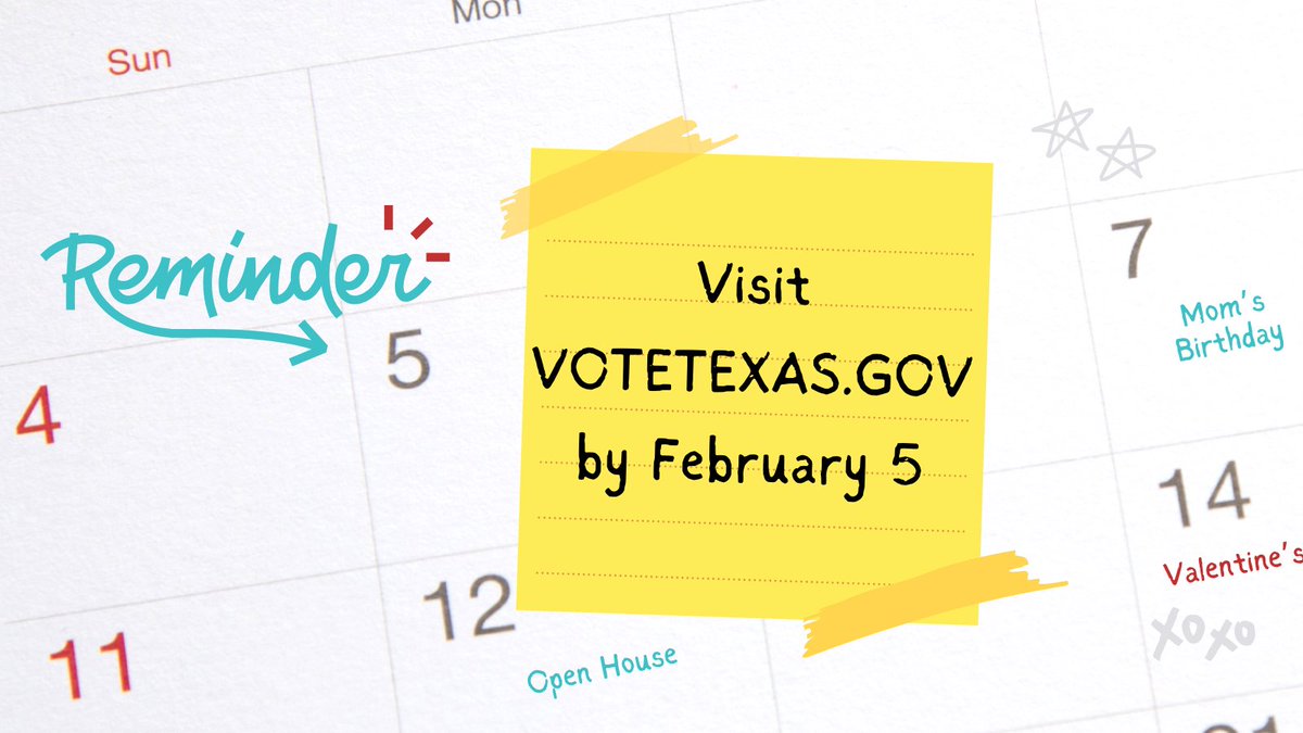 TODAY is the last day to register to vote if you want to participate in critical primary elections on March 5. You can register or check your registration at VoteTexas.gov. These elections matter to our kids' future! #txlege #txed
