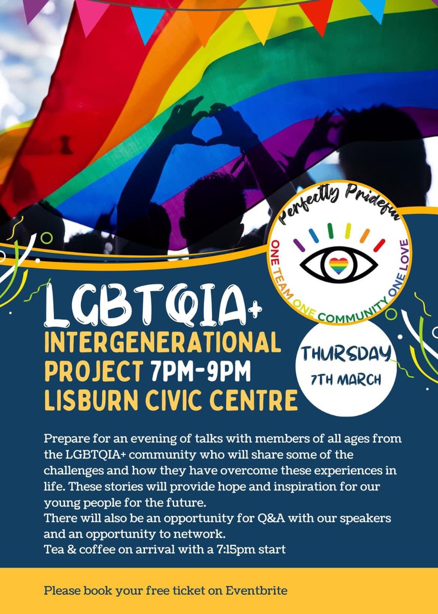 Looking forward to speaking at this event organised by Perfectly Prideful here in Lisburn. 

Fills me with pride that young people in Lisburn today have opportunities like this to gather &amp; share their experiences and stories💛

Tickets are free at eventbrite.co.uk/e/lgbtqia-inte…