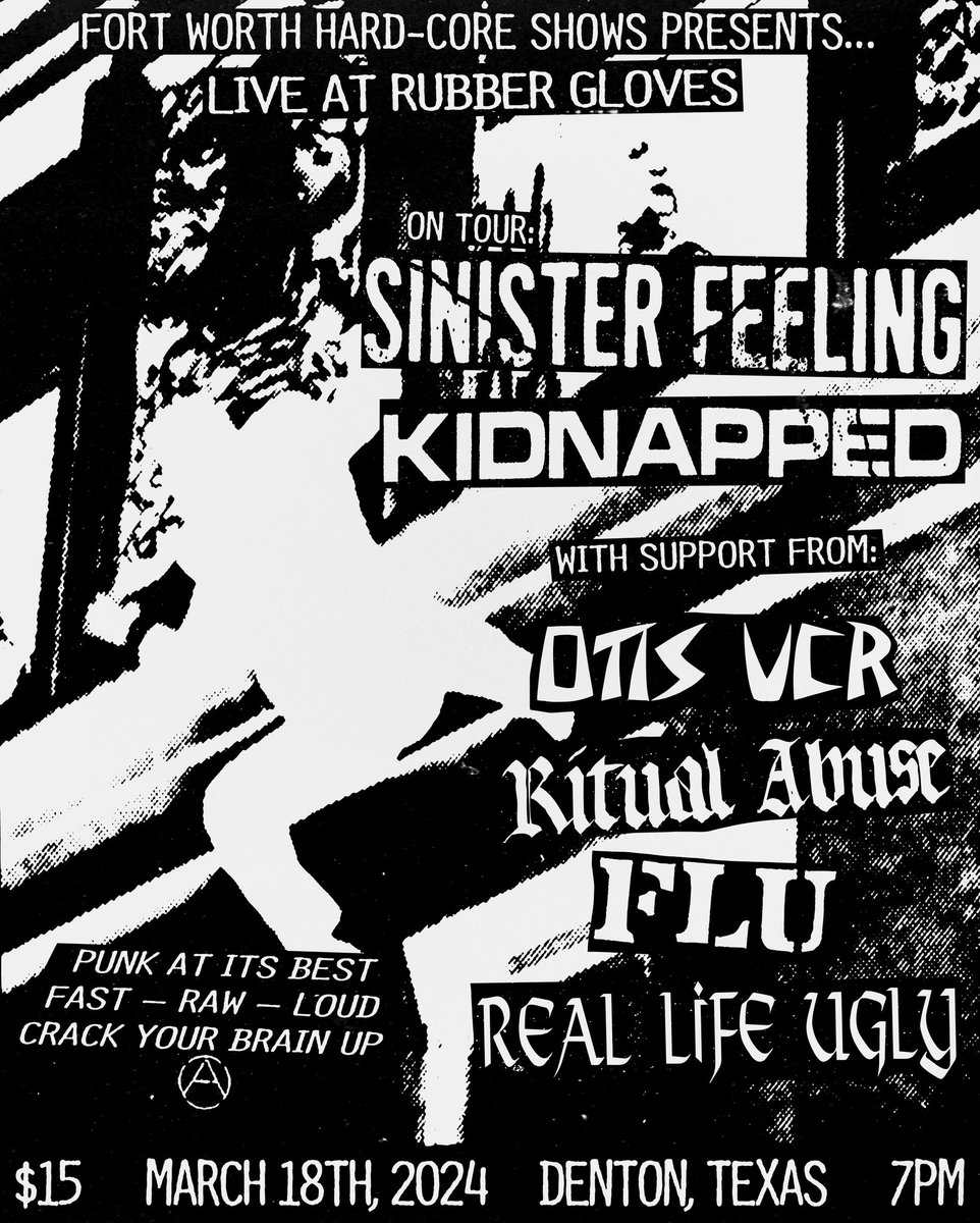 onewayout92's tweet photo. MONDAY MARCH 18
@ RUBBER GLOVES
$15 

SINISTER FEELING 
KIDNAPPED
OTIS VCR 
RITUAL ABUSE
FLU
REAL LIFE UGLY 

FAST DIRTY EVIL HARD CORE PUNK 
MORE CORE IN ‘24 https://t.co/QqHiiIiaB3