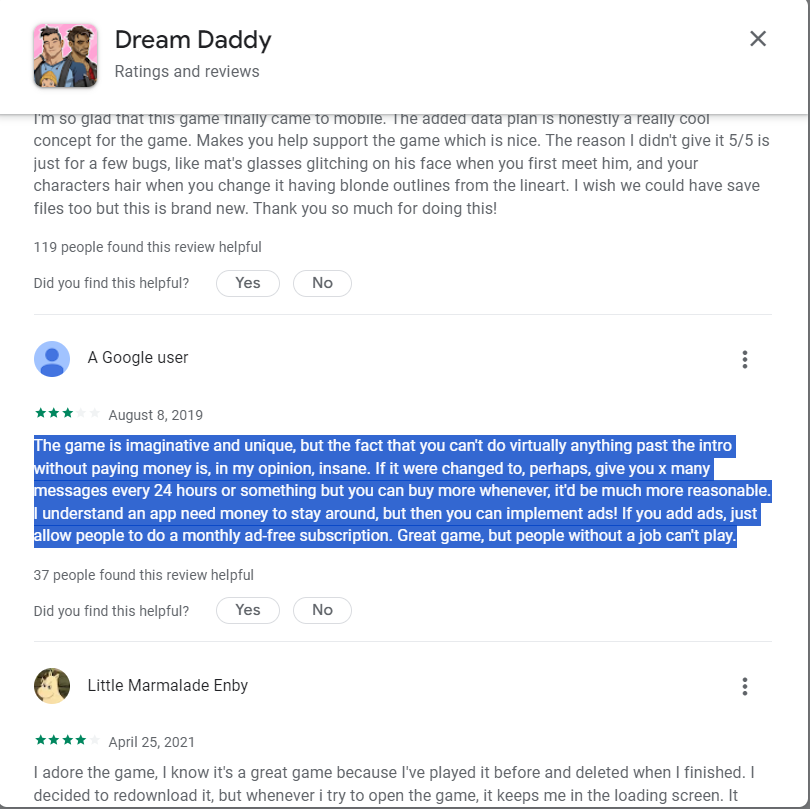 blgamesworld's tweet photo. Google Play reviews for Dream Daddy https://t.co/MOts7ptosv