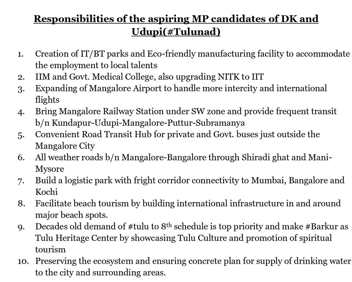 Golden opportunity to become architect of Modern Dakshina Kannada &Udupi by fulfilling following needs of the region @nalinkateel @CaptBrijesh @ShyamAruna @ShobhaBJP @PMadhwaraj @mvmeet #LokSabhaElection2024 #DakshinaKannada #Udupichikmagaluru