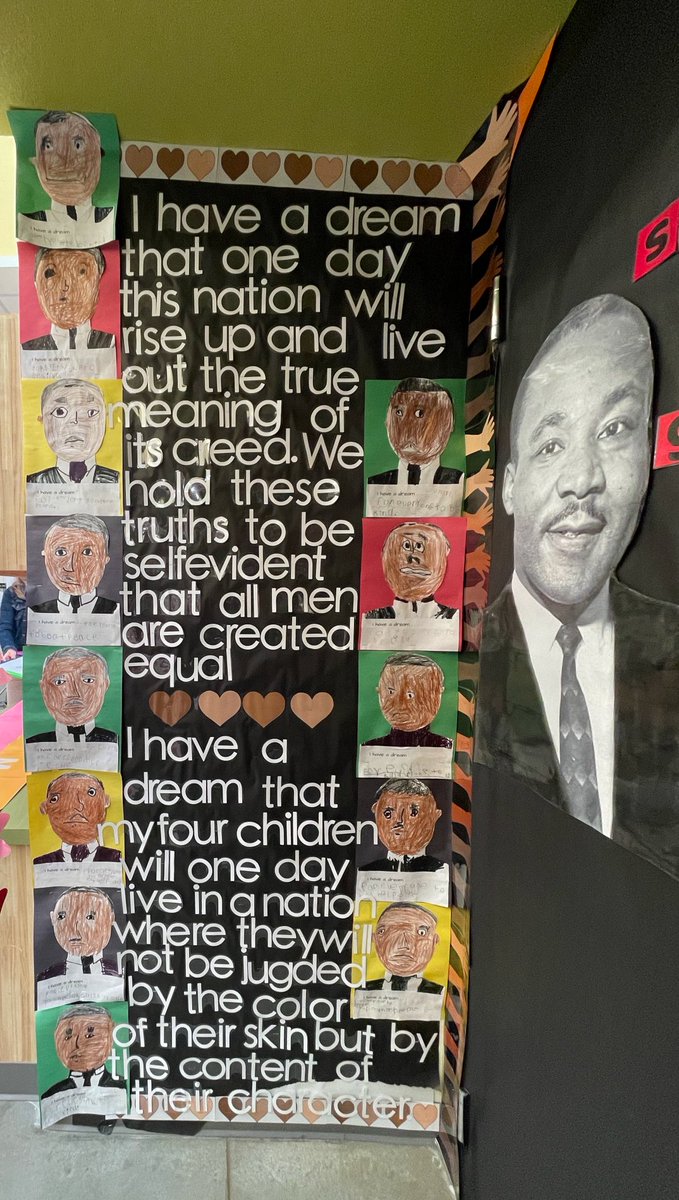 On this 5th day of #BlackHistoryMonth, we showcase the entrance to Mrs. Flores’ PK class.    Martin Luther King Jr.’s “I Have A Dream” speech is artistically displayed with student artwork. 
#DVProud #GrowingGreatness