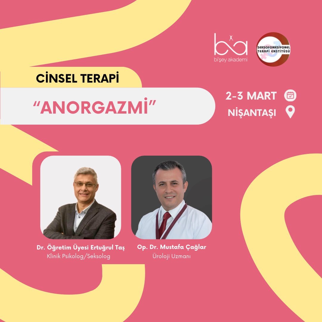 BiseyAkademi's tweet image. Cinsel Terapi Eğitimi Dr. Öğr. Üyesi Ertuğrul Taş ve Op. Dr. Mustafa Çağlar ile 6. Modül olan Anorgazmi ile devam ediyor! 📚
💌Eğitime katılmak, detaylı bilgi almak ve ücretleri öğrenmek için dm’den mesaj atabilirsiniz

#cinselterapi #cinselterapieğitimi #psikoloji #psikoterapi